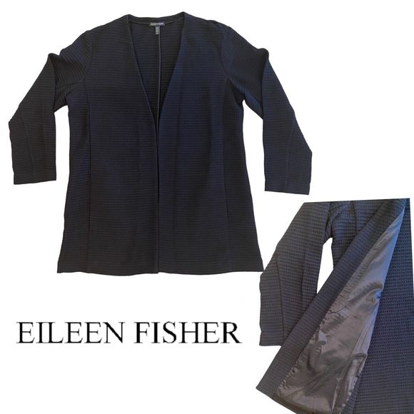Eileen Fisher Classic Black Geometric Stretch Textured Open Front Jacket Large - Picture 1 of 9